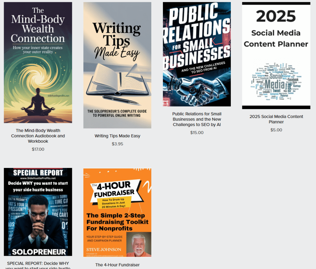 Bookstore menu of books and special reports for sale